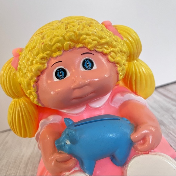 Vtg Cabbage Patch Kid 1983 Plastic Vinyl Bank Blonde Girl Pink Dress Blue Eyes - Picture 2 of 8